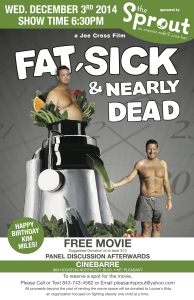 Flyer for the Fat, Sick and Nearly Dead screening and panel discussion at Cinebarre Charleston